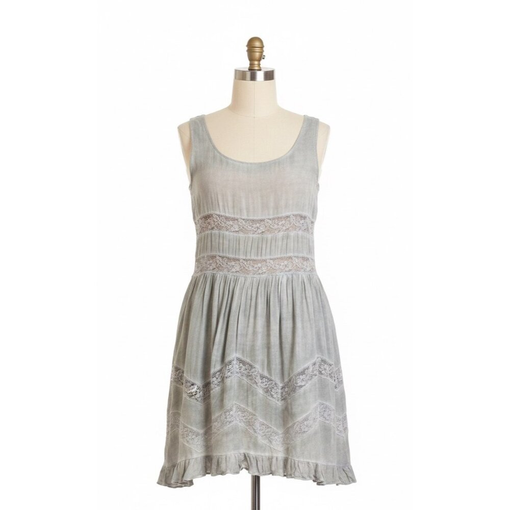 NWT Gray Tiered Ruffle Hem Voile & Lace Acid Wash Mini Slip Dress | Boho Indie S - Picture 2 of 8
